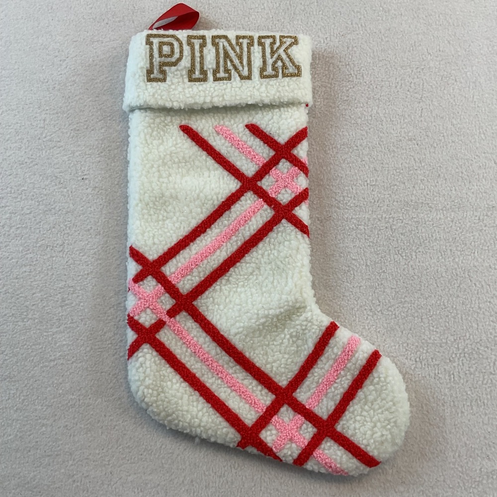 Victorias Secret PINK Christmas Stocking White Sherpa Plaid Glitter Gold Logo